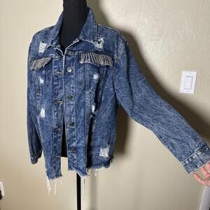 Rhinestone Fringe Distressed Denim Jacket Raw Hem Blue Statement Layer Y2K